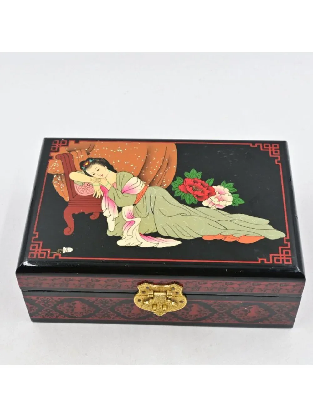 Chinese Black Lacquer Jewelry Box Vintage Hand Painted Reclining Lady Mirror